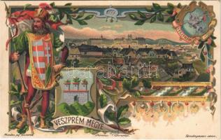 Veszprém, Veszprém megye címere. Athenaeum Rt. kőnyomdája, Art Nouveau, floral, litho s: Zich