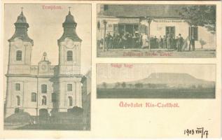 1903 Kiscell, Celldömölk; templom, Ssági hegy, Zsigmond István könyvkötő üzlete, Első Kis-Czelli Bazár ház