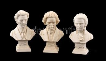 Mozart, Chopin, Beethoven büsztök, 3 db alabástrom, jelzettek (A. Giannelli), m:12 cm