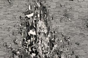 Kovács Imre (1938): Vége. Cinkkarc, papír, jelzett, számozott (8/25), 29,5x29,5cm