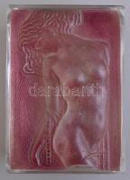 Rózsaszín fedelű, akt motívumú üvegdoboz, csorbákkal, 6x14x10 cm