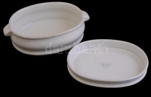 Zsolnay M.T.F. díszítésű porcelán tál és tálka, matricás, jelzett, kopásokkal, kis letöréssel, 13x17,5x3,5 cm, 13x17,5x6,5 cm