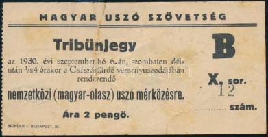 1930 Magyar Úszó Szövetség tribünjegy magyar-olasz mérkőzésre, tépett