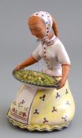 Asszony tálcával, kerámia figura, festett, mázas, jelzett, kopásokkal, m: 18 cm