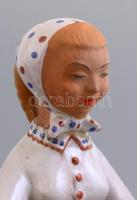 Asszony tálcával, kerámia figura, festett, mázas, jelzett, kopásokkal, m: 18 cm