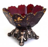 Ezüst (Ag) antik talpú üveg kínáló, jelzett, kopásokkal, repedéssel, lepattanással, bruttó: 309 g, 1...