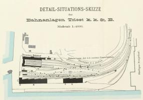 cca 1907 Situations-skizze über die Bahn - und Hafen-Anlagen in Triest, 1:12.000 / Detail-Situations...