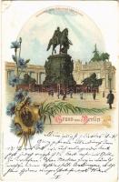 Berlin, Denkmal Kaiser Wilhelm der Grosse / monument, statue, coat of arms. Kunstanstalt J. Miesler Art Nouveau, floral, litho (EK)