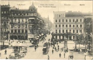 1909 Berlin, Unter den Linden Ecke Friedrich Strasse, Café Bauer, Kanzler / street view, autobus, horse-drawn omnibus, Hotel & Café Bauer, Kodak shop, advertising columns