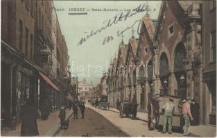 1905 Jersey, Saint Heliers, Les Halles / street view, horse-drawn carriages, shops