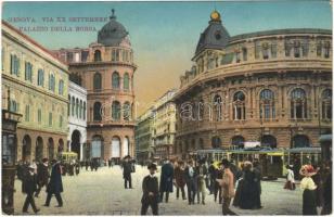 Genova, Genoa; Via XX Settembre, Palazzo Della Borsa / street view, tram