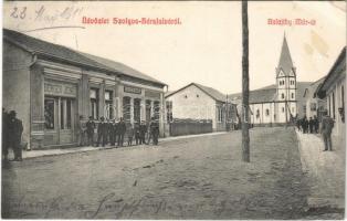 1911 Hársfalva-gyógyfürdő (Szolyva), Nelipino, Nelipyno; Balajthy Mór utca, Birnbaum József, Berger Jenő üzlete és saját kiadása / street view, publisher's shop (EB)