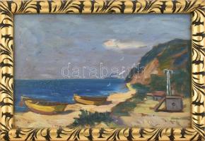 Jaksa István (1894-1982): Csónakok a Baltin-tengernél. Olaj, falemez, jelzett. Hátoldalán autográf f...