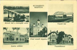 Kunszentmárton, Közúti híd a toronyból nézve, vasúti híd, Iparos székház, vasútállomás, Felső temető kápolna (EK)