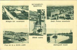Kunszentmárton, Mátyás kir. és Deák Ferenc utca, Piac tér, Körös szálló, Hősök szobra, Körösparti részlet