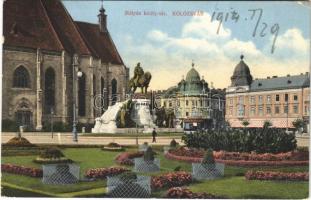 1914 Kolozsvár, Cluj; Mátyás király tér és szobor, Erdélyi bank, takarékpénztár, Haraszthy Jenő üzlete, templom / statue and square, bank, shop, church  (EK)