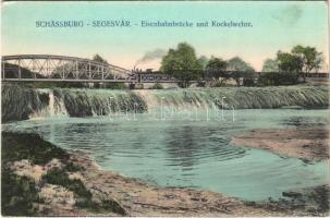 Segesvár, Schässburg, Sighisoara; Eisenbahnbrücke und Kockelwehre / vasúti híd, gőzmozdony / railway bridge, locomotive (fa)