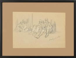 Mednyánszky jelzéssel: Pihenő katonák. Ceruza, papír, farostra kasírozva. Üvegezett keretben. 19,5x29 cm