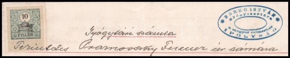 1913 Ipolyság, Gyógytári számla Berkó István Gyógyszertárának  pecsétjével, okmánybélyeggel