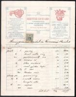 1909 Ipolyság, Heffter Richárd vaskereskedésének fejléces számlája a Hercegprímási Uradalom kemencei kerületének, okmánybélyeggel