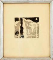 Pirk László (1953-): Kompozíció. Rézkarc, papír, jelzett, üvegezett keretben. 9×11 cm