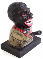 Négert formázó art deco pénznyelő szerkezet, mozgatható karral, festett, kopásnyomokkal, m: 16,5 cm ...