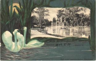 1911 Kolozsvár, Cluj; Sétatéri tó. Rigó Árpád kiadása, Szecessziós litho keret hattyúkkal / promenade lake. Art Nouveau, litho