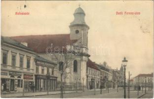 1911 Kolozsvár, Cluj; Deák Ferenc utca, Gombos Ferenc Lyceum könyvnyomdája, újság szerkesztősége és kiadóhivatala, csemegeüzlet, Benkő Elek és Tordai Viktor üzlete, Csízhegyi József üveg, porcelén és lámpa kereskedése / street, shops