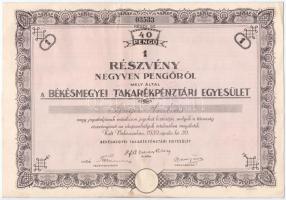 Békéscsaba 1939. Békásmegyeri Takarékpénztári Egyesület névre szóló részvénye 40P-ről, szelvényekkel, szárazpecséttel T:III fo./ Hungary / Békéscsaba 1939. Békásmegyeri Takarékpénztári Egyesület share with the shareholders name about 40 Pengő, with coupons and embossed stamp C:F