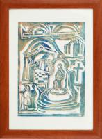 Molnár Bertalan (1933-): Szentendrei madonna, 1998. Linómetszet, papír, jelzett, kartonra kasírozva. Üvegezett fa keretben. 41x29,5 cm