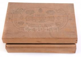 Réz és fém bútordíszek, kilincsek sérült fa Gerbeaud dobozban