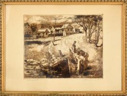 Silberhorn Tibor (1927-): Székely falu. Rézkarc, papír, jelzett, üvegezett fa keretben, 24,5×29 cm