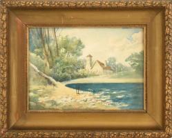 Turiák Ödön (1884-1937): Kilátás a vízpartra. Akvarell, papír, jelzett. Kissé sérült üvegezett keretben, 22,5×31 cm
