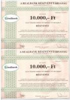 1994. A Realbank Részvénytársaság 10.000Ft értékű részvénye szelvényekkel (2x) sorszámkövetők T:II foltos