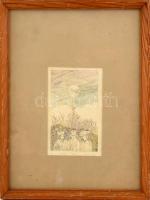 Egresi Zsuzsa (1954-): Tél. Színes rézkarc, papír, apró foltokkal. Jelzett. Számozott: 14/25. Üvegezett fa keretben, 17×10 cm