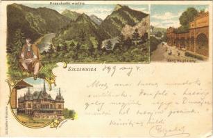 1899 Szczawnica, Przechodki wielkie, Dworzec goscinny, Zdrój Magdaleny / mountains, spa, bath, hotel, hiker. Lit. M. Salba Art Nouveau, litho (Rb)