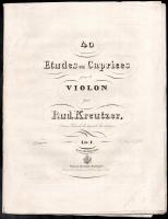 cca 1850 40 Etudes ou Caprices pour le Violon par Rud. Kreutzer, ... Liv. I. Vienne, Tobie Haslinger, francia és német nyelven, gyűrődésekkel, 19 p.
