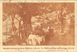 1926 Ungvár, Uzshorod, Uzhhorod, Uzhorod; Zahradná miestnost hostinca Füredi-ho / Füredi féle vendéglő, étterem kerthelyisége, vendégek és pincérek / restaurant, garden with guests and waiters (EK)