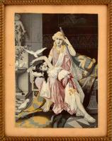 Üvegezett, régi fa keretben kissé erotikus selyemkép. Belső méret: 31,5x25 cm