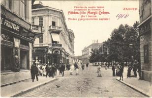 1910 Zagreb, Zágráb; utca, üzletek, bank. Földes-féle Margit-Creme reklám / street view, shops, bank (fl)