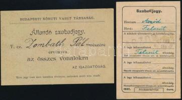 cca 1900 Budapest Körúti Szabadjegy Vasút Társaság állandó szabadjegy, szakadással + 1937 MÁV szabadjegy
