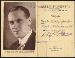 1933 Alpesi síegyesület (Alpen-Skiverein) fényképes tagsági kártyája