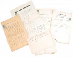 Vegyes okmánybélyeges papírok, db, 3x50 kr, 3x15 kr., 1 K. okmánybélyeggel, az egyiken Hajnik Imre (1840-1902) jogtudós aláírásával.