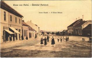 1913 Verbó, Vrbové; Innere Ansicht / A város belseje, Band M. üzlete / street view, shops (r)