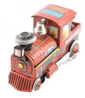 Csengős mozdony, retró lemezjáték, saját dobozában, mozdonyvezető sisakja hiányzik, m: 23 cm