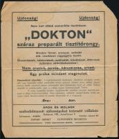 cca 1920 Dokton száraz preparált tisztítórongy reklám szórólap, foltos, jobb felső sarkában hiányos, lap szélén apró szakadásokkal, hajtásnyommal, 23,5x20 cm