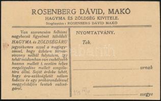 1929 Rosenberg Dávid, makói hagyma és zöldség kereskedő prospektusa levelezőlapon, rajta árjegyzékkel, az egyik széle vágott.