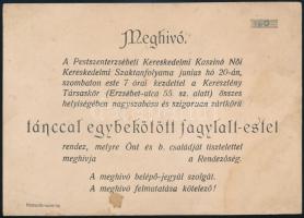 cca 1920-1940 meghívó a Pestszenterzsébeti Kereskedelmi Kaszinó Női Kereskedelmi Szaktanfolyama által rendezett tánccal egybekötött fagylalt-estre, számozott, Kossuth-nyomda, foltos, 10,5x15 cm