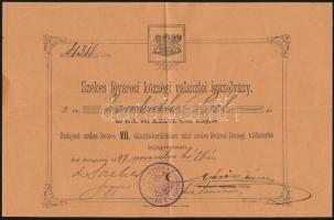 1897 Székesfővárosi községi választói igazolvány, Bp., VII. választó-kerületébe, pecséttel, aláírásokkal.