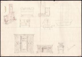 cca 1920-40 Úriszoba részben art-deco stílusú bútorainak terve. Ceruza, papír, kétoldalas. Lap tetej...